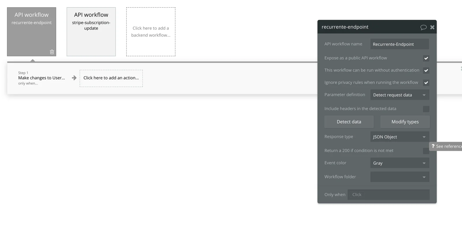 API workflow recurrente-endpoint en Bubble expuesto como público con Detect request data
