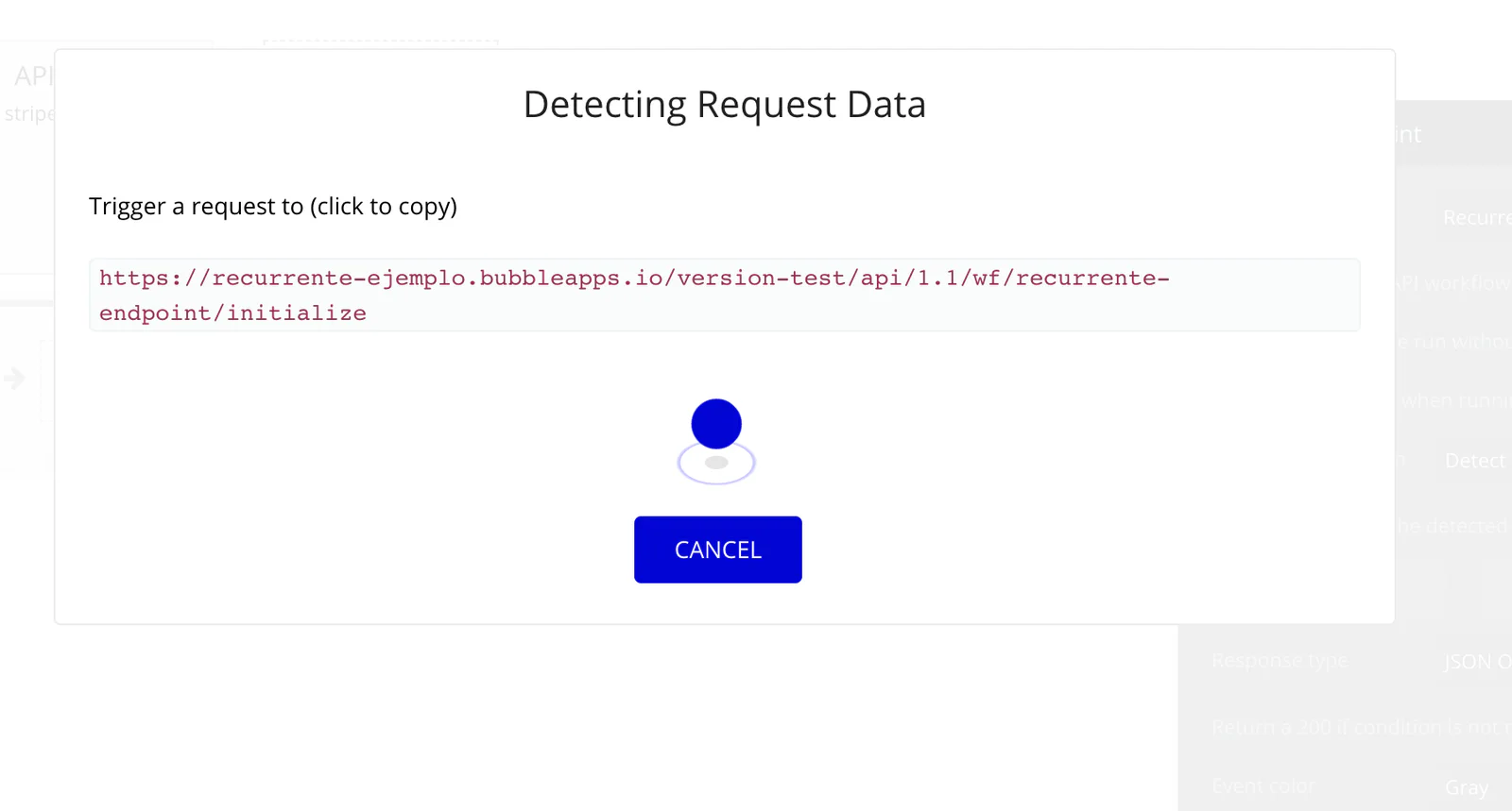 Ventana Detecting Request Data de Bubble mostrando la URL del endpoint terminada en /initialize