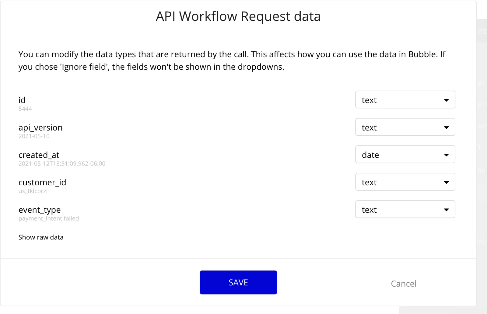 Ventana API Workflow Request data con el campo created_at configurado como tipo date