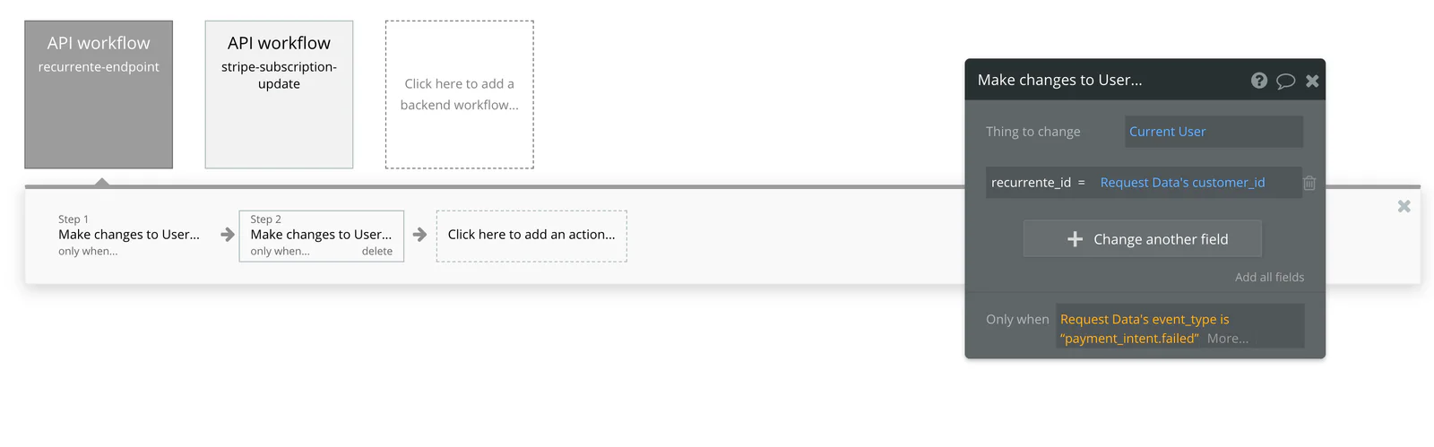 Workflow del endpoint con acción Make changes to User condicionada al event_type payment_intent.failed