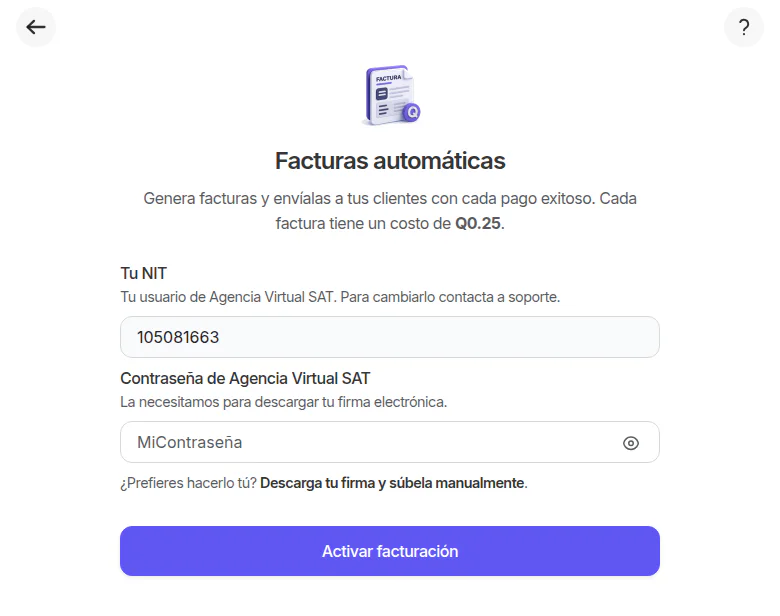 Pantalla Facturas automáticas con el NIT, la contraseña de Agencia Virtual SAT y el botón Activar facturación