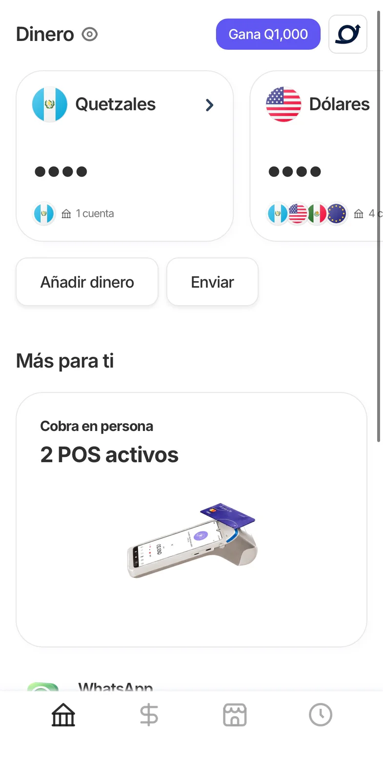 Pantalla principal Dinero de la app con los balances en quetzales y dólares
