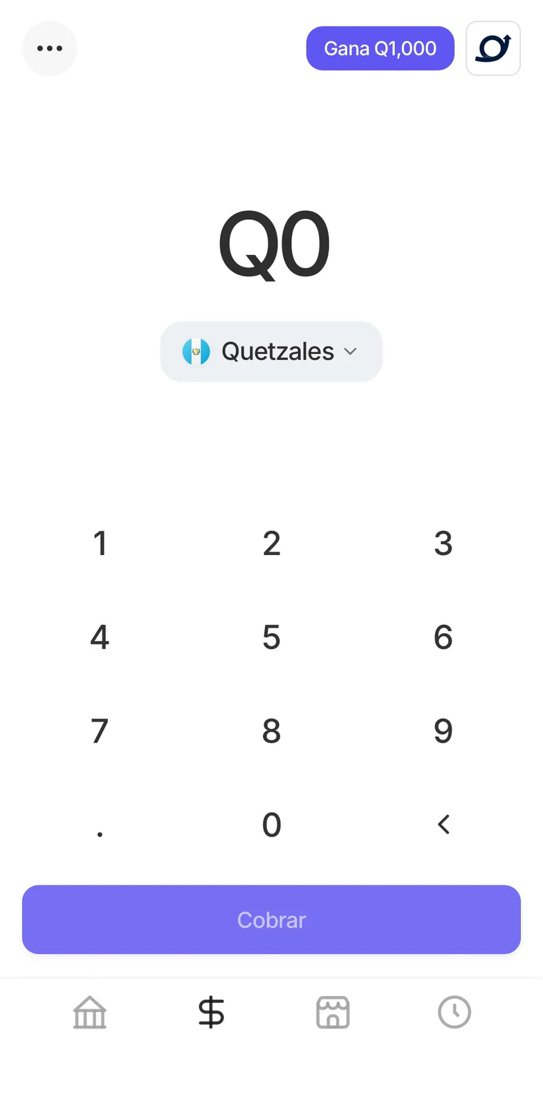Pantalla de cobro con teclado numérico en quetzales y el botón Cobrar