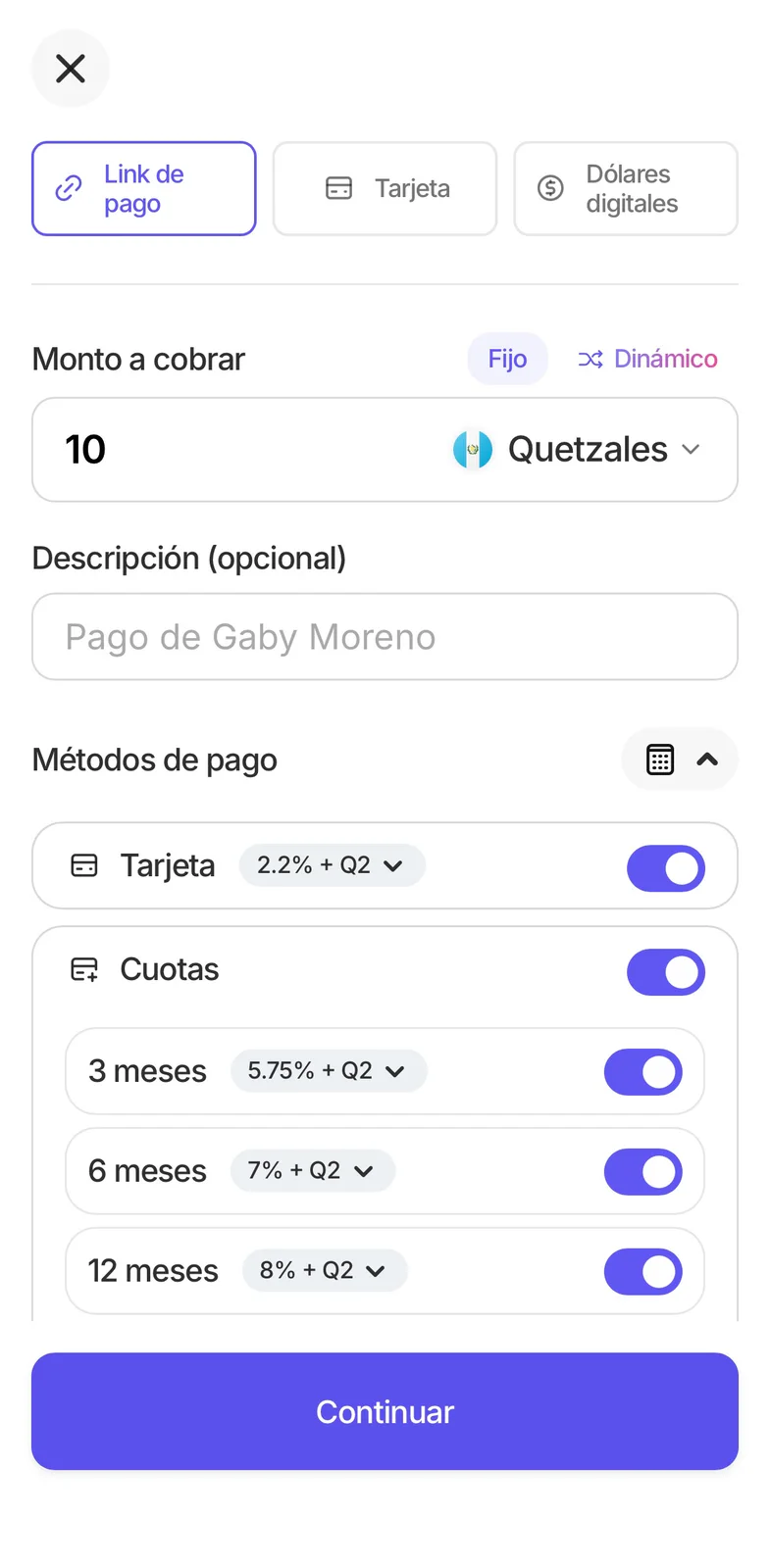 Creación de link de pago con Cuotas activadas y plazos con sus comisiones