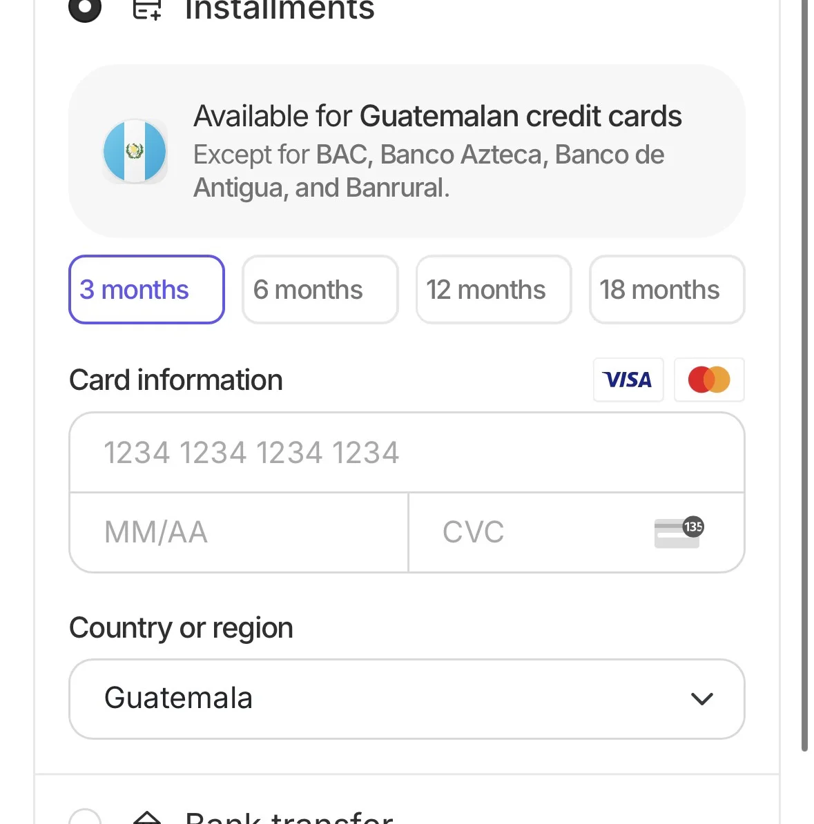 Checkout con la opción de cuotas y plazos de 3, 6, 12 y 18 meses para tarjetas guatemaltecas