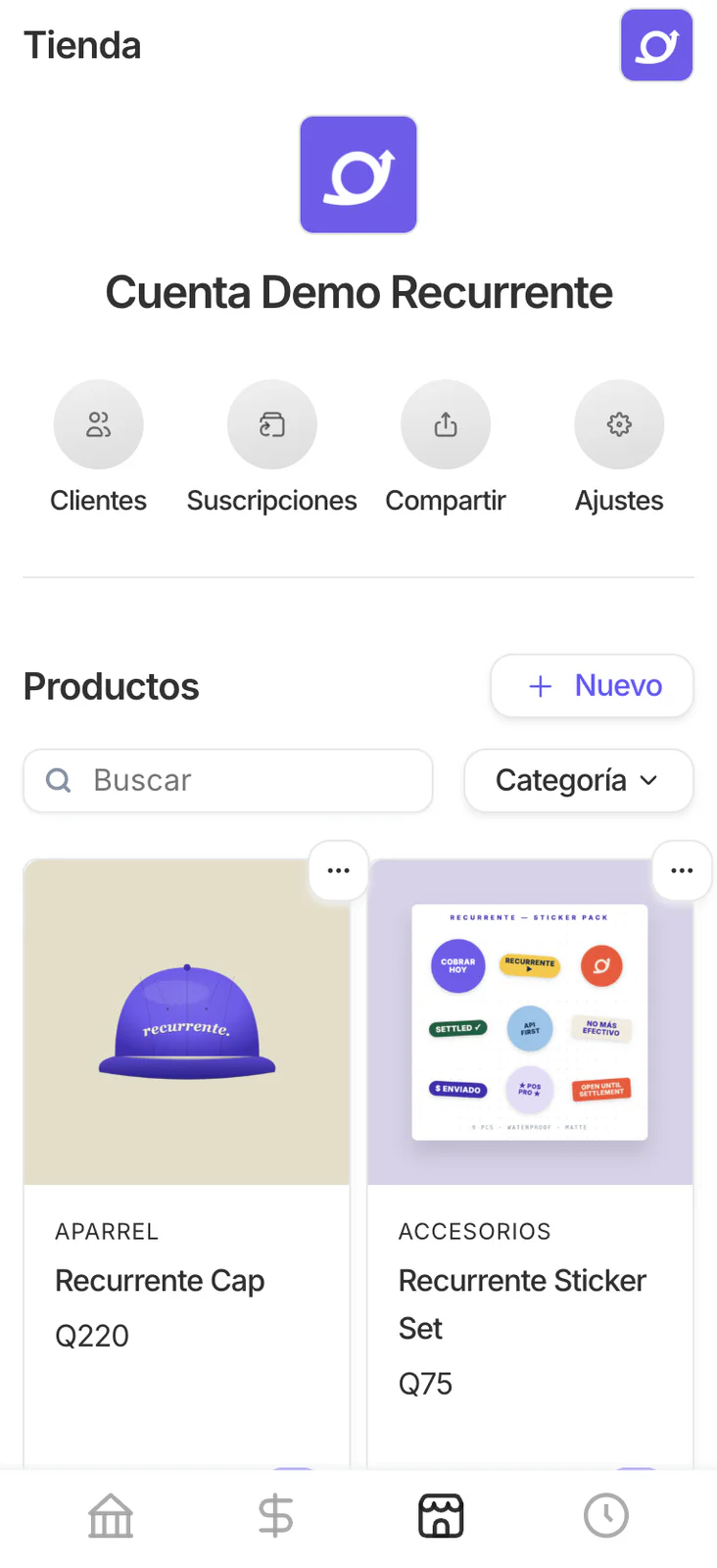 Pantalla principal de Tienda con accesos a Clientes, Suscripciones, Compartir, Ajustes y el listado de Productos