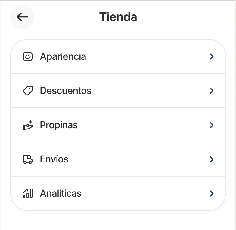 Ajustes de la tienda con las opciones Apariencia, Descuentos, Propinas, Envíos y Analíticas