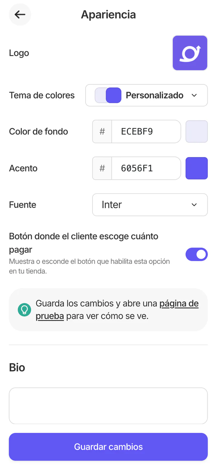 Pantalla de Apariencia con logo, tema de colores, color de fondo, acento, fuente y campo Bio