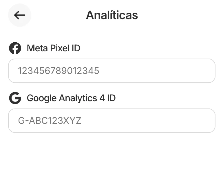 Pantalla de Analíticas con campos para Meta Pixel ID y Google Analytics 4 ID