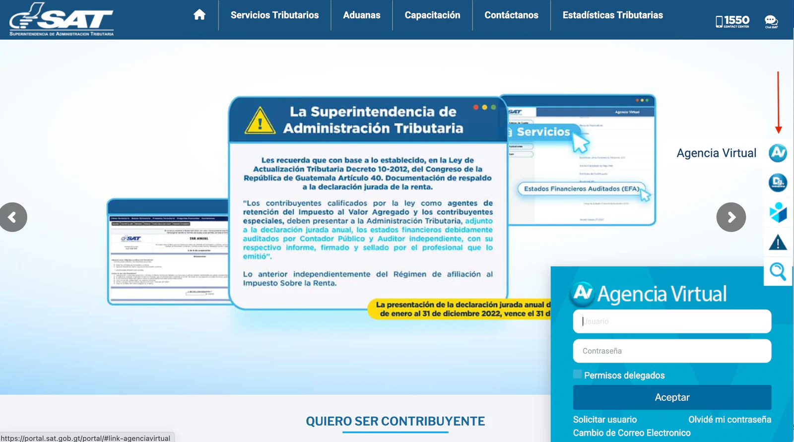 Portal SAT con flecha al ícono de Agencia Virtual y el formulario de usuario y contraseña