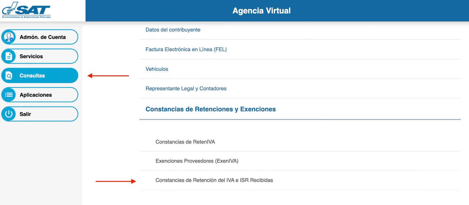 Agencia Virtual con flechas a Consultas y a Constancias de Retención del IVA e ISR Recibidas