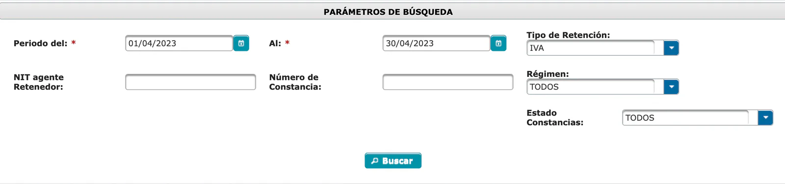 Parámetros de búsqueda con rango de fechas, Tipo de Retención IVA y botón Buscar