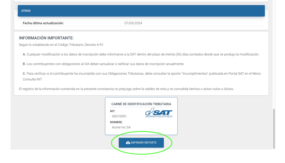 Parte final de la consulta RTU en el portal SAT con el botón Imprimir Reporte resaltado