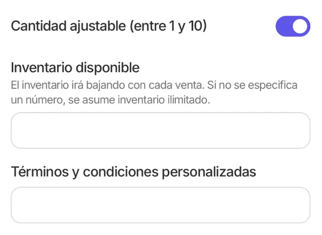 Opciones avanzadas con el campo Inventario disponible y la nota de inventario ilimitado