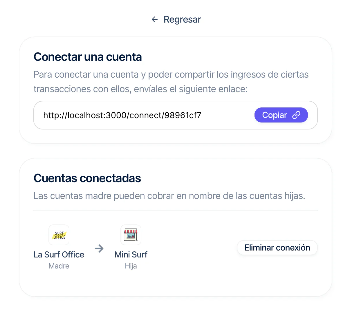 Sección Cuentas conectadas con el enlace de invitación y una cuenta madre conectada a una cuenta hija
