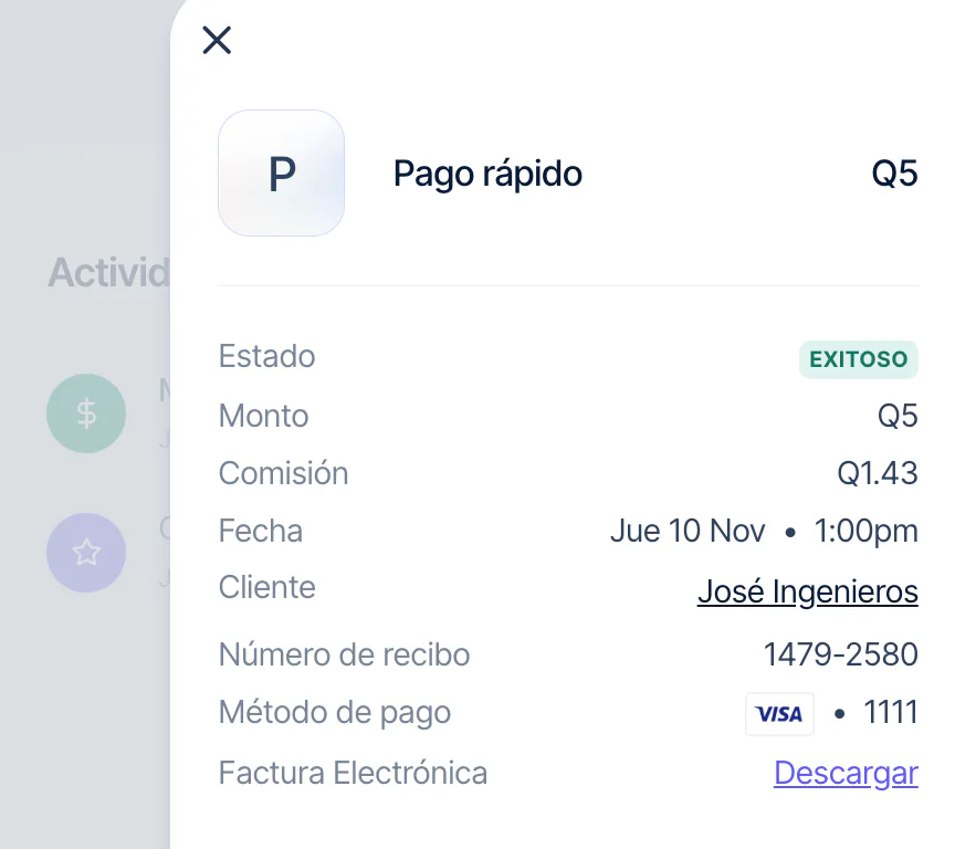 Detalle de un pago en Recurrente con la fila Factura Electrónica y su enlace Descargar