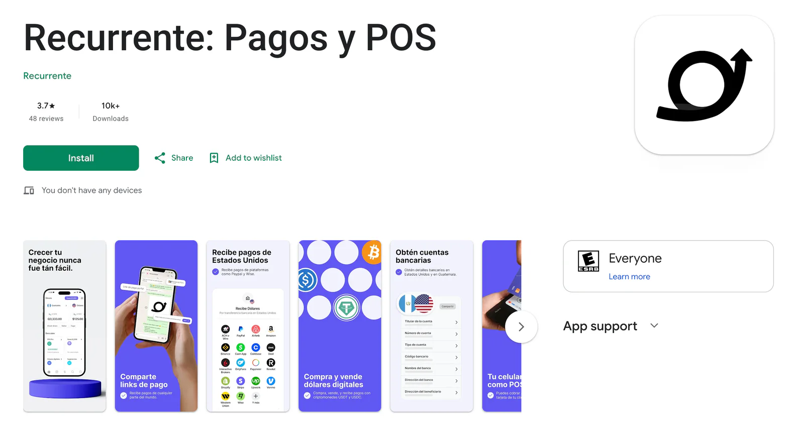 Ficha de la app Recurrente: Pagos y POS en la Play Store con el botón para instalar