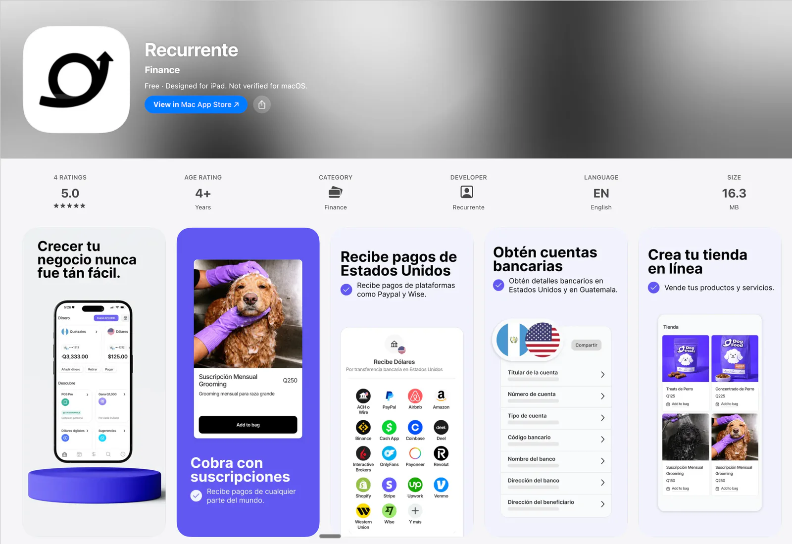 Ficha de la app Recurrente en la App Store con capturas de sus funciones