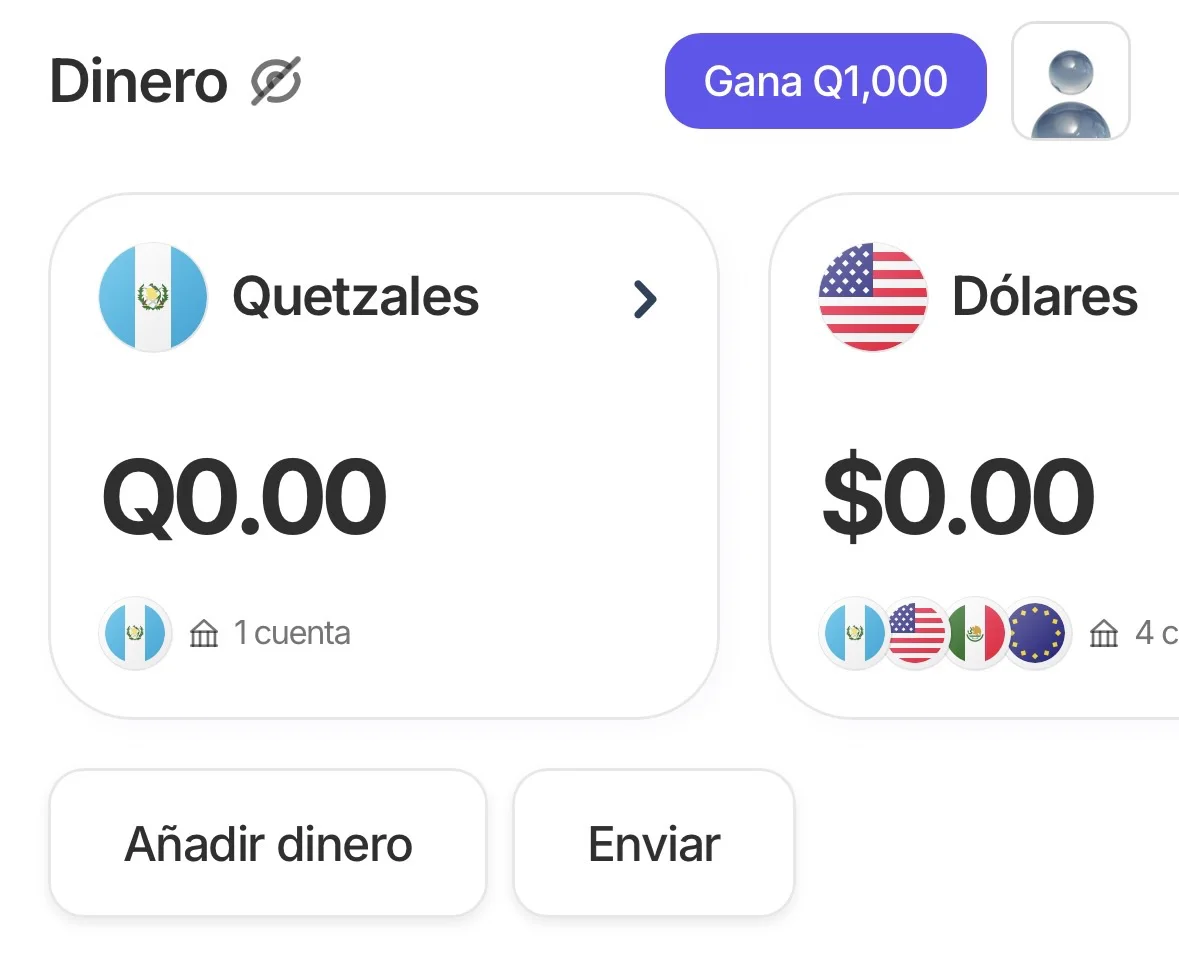 Pantalla Dinero con los balances en quetzales y dólares y el botón Enviar