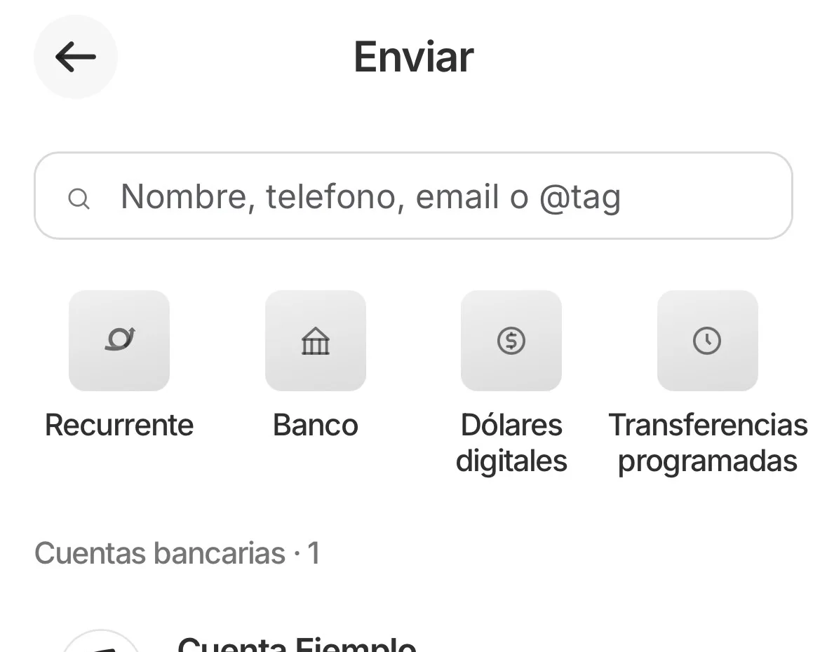 Pantalla Enviar con la opción Transferencias programadas junto a Recurrente, Banco y Dólares digitales