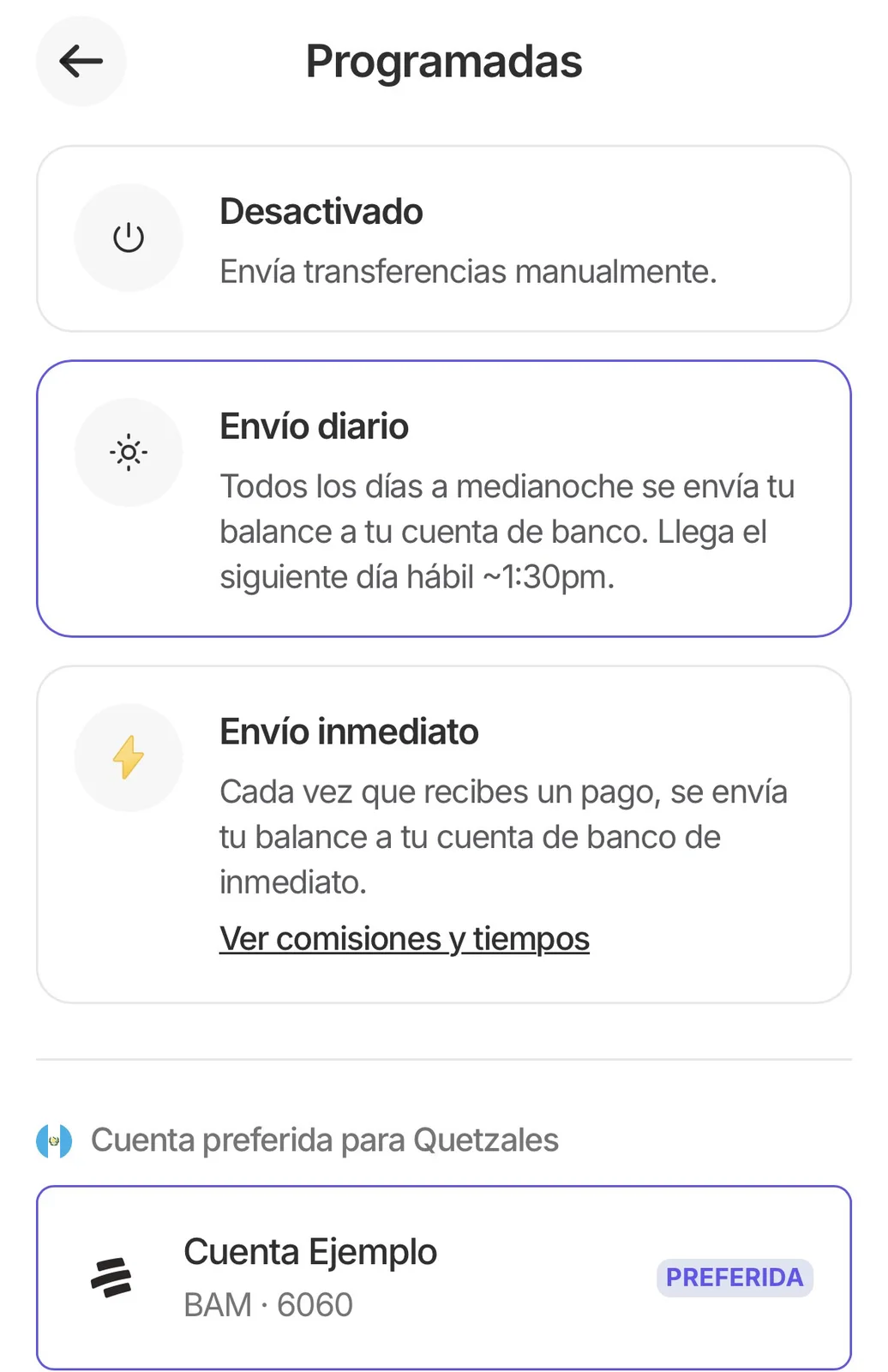 Sección Cuenta preferida para Quetzales en la pantalla Programadas