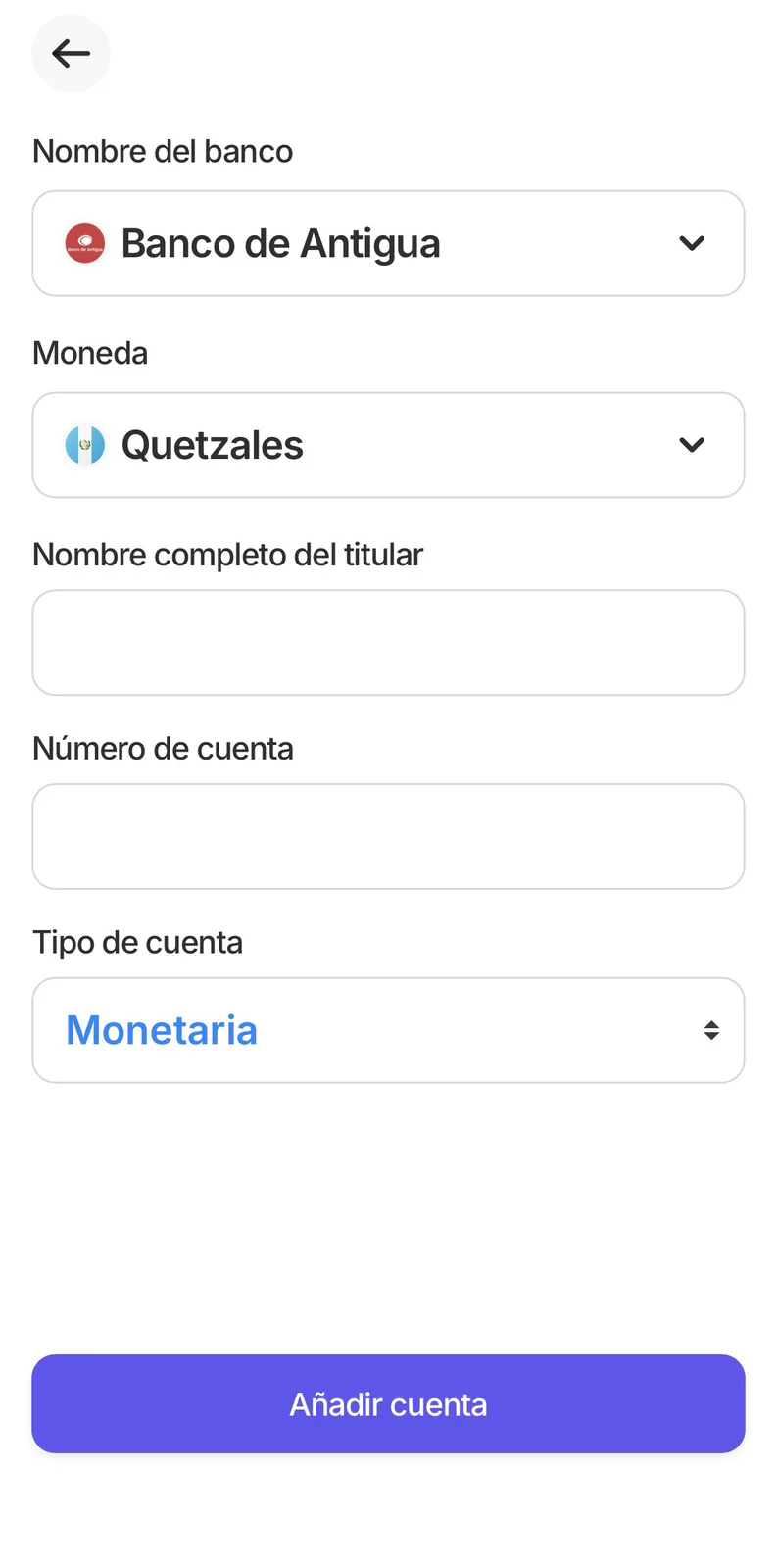 Formulario para añadir cuenta bancaria con banco, moneda, titular, número y tipo de cuenta