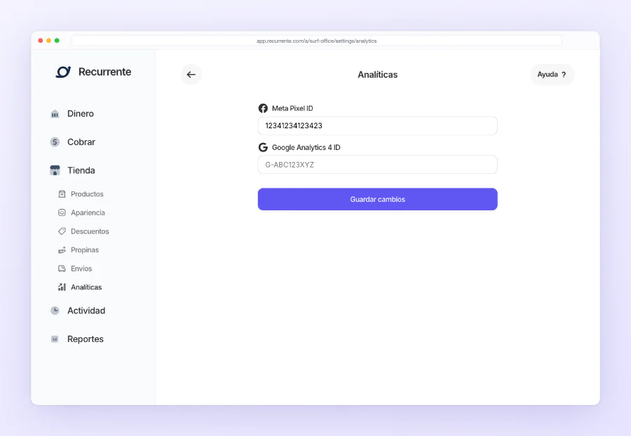 Los dos campos de Analíticas: el Meta Pixel ID y el Google Analytics 4 ID