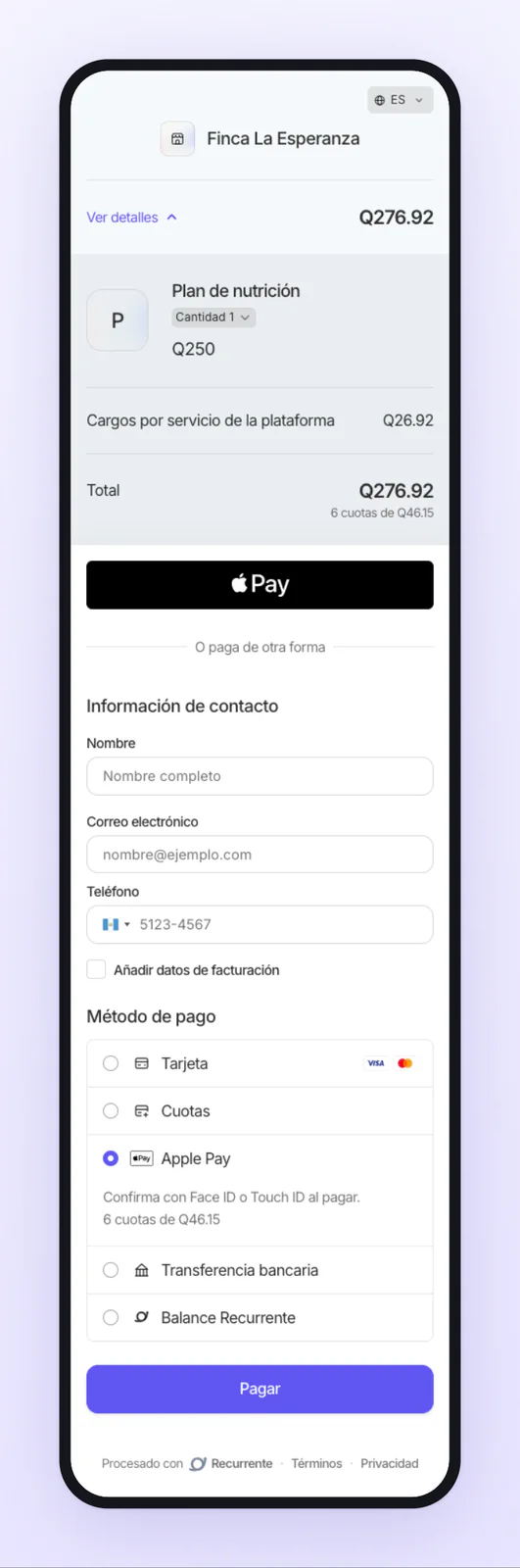 Apple Pay arriba, seis cuotas seleccionadas y botón Pagar de Recurrente debajo