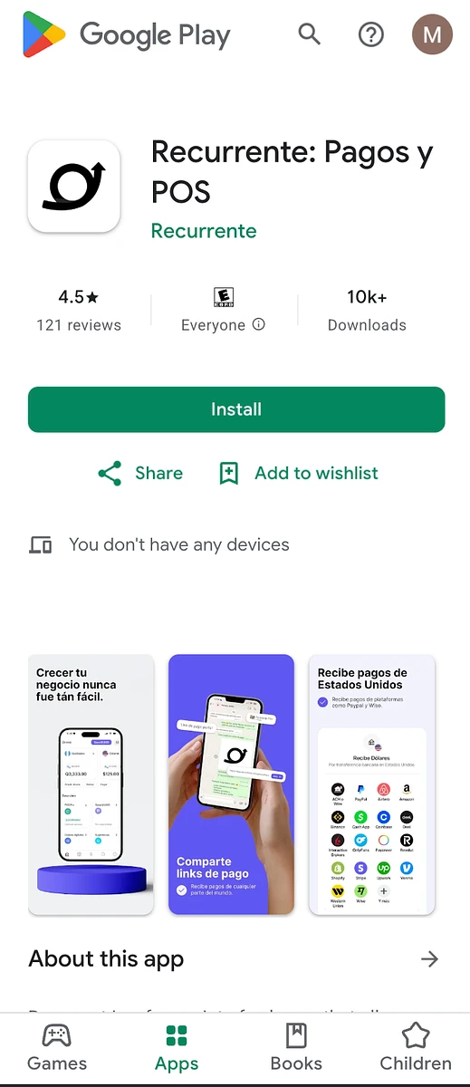 Ficha actual de Recurrente: Pagos y POS en Google Play, con el logo negro y el botón Install