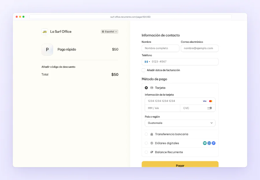 El checkout abierto desde un link con el monto en la URL: los $50 ya puestos y los métodos de pago disponibles