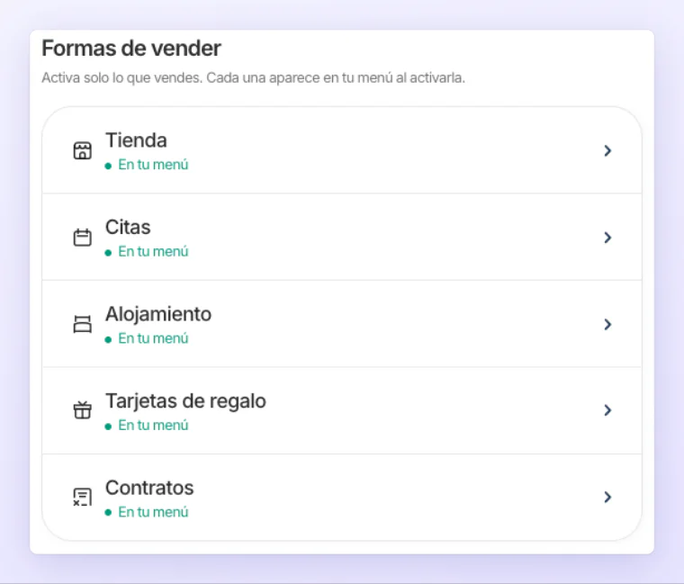 La sección Formas de vender en Configuración, con Tienda, Citas, Alojamiento, Tarjetas de regalo y Contratos, cada una con «En tu menú» cuando está activa