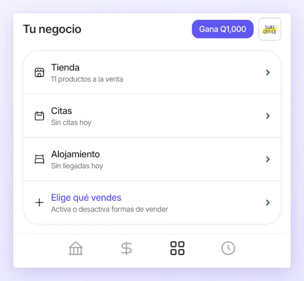 En el teléfono, con dos o más formas de vender activas, el botón de cuadritos de la barra inferior abre Tu negocio: cada una con lo que pasa hoy y, al final, Elige qué vendes