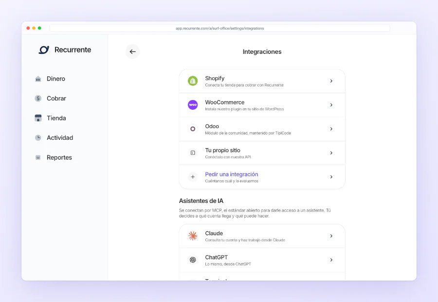 La sección Asistentes de IA en Integraciones, con las filas de Claude, ChatGPT y Terminal