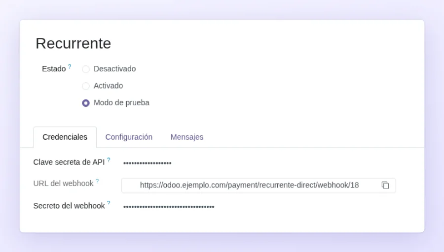 Credenciales de Recurrente con URL copiable y dominio ficticio de demostración
