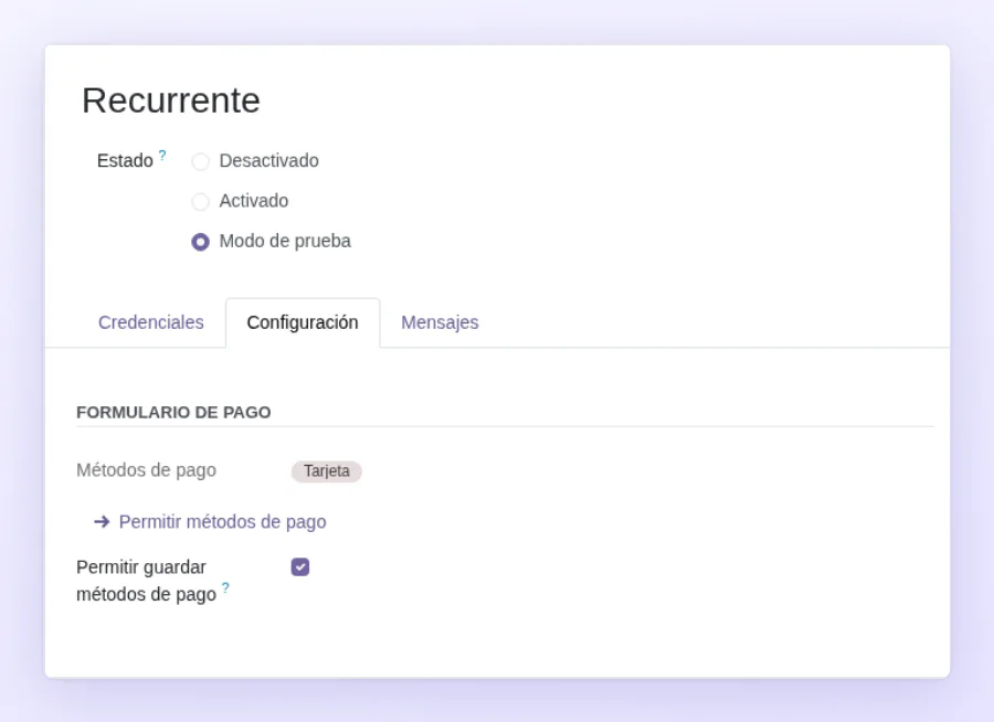 La opción Permitir guardar métodos de pago activada en Odoo
