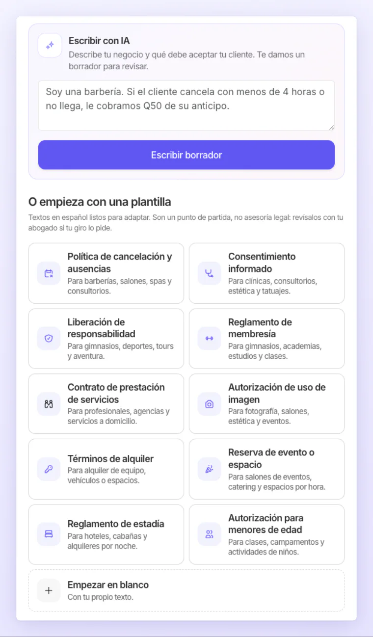 Nueva plantilla: Escribir con IA arriba y, debajo, las diez plantillas listas y Empezar en blanco