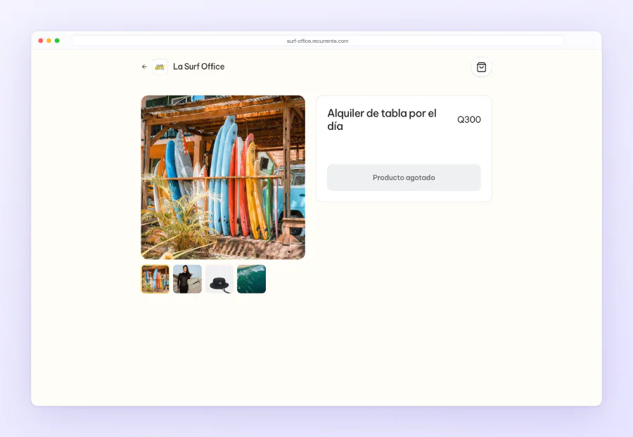 La página del producto en la tienda: la foto grande y las miniaturas debajo para pasar entre ellas