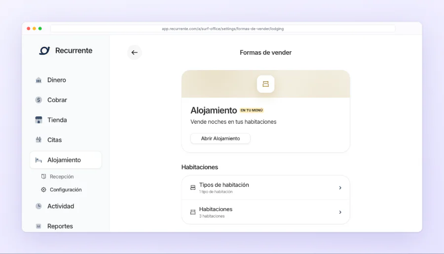 Alojamiento en Formas de vender, con su línea en el menú (Recepción y Configuración) y sus ajustes: Tipos de habitación y Habitaciones