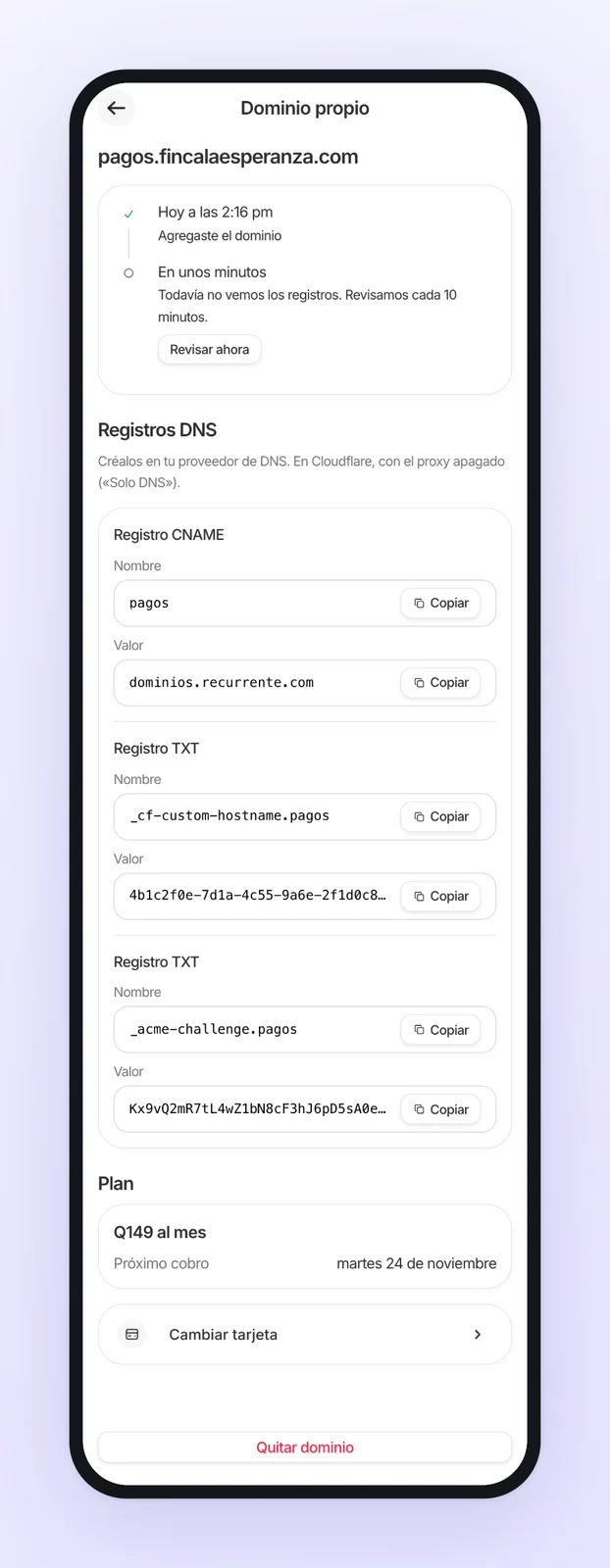 Dominio propio pagado, esperando los registros DNS: el CNAME pagos hacia dominios.recurrente.com, dos registros TXT con su botón Copiar y el plan de Q149 al mes