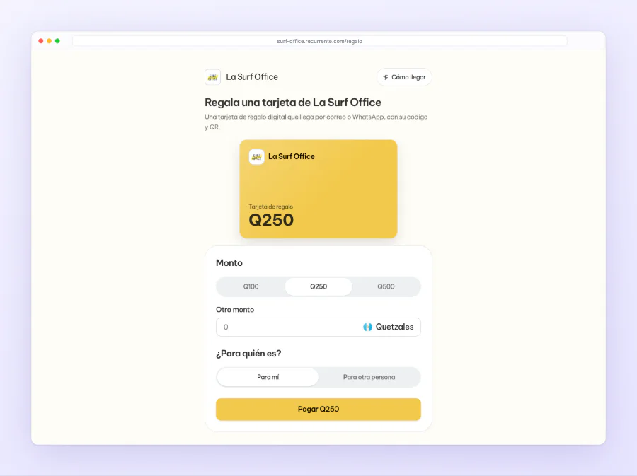 La página donde tus clientes compran una tarjeta de regalo: el monto, para quién es y el botón Pagar