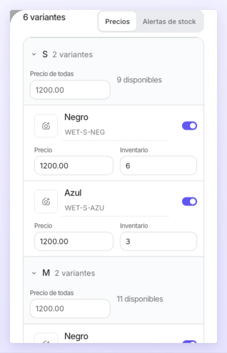 Las variantes agrupadas por talla: cada grupo con su Precio de todas y lo disponible, y debajo cada color con su precio, inventario y el interruptor para venderlo