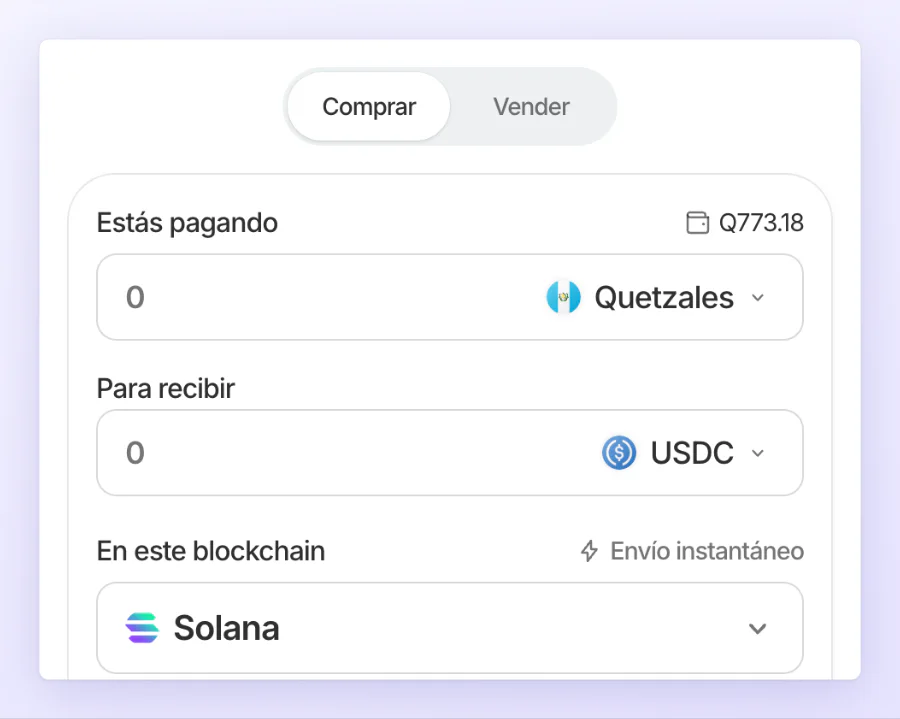 Dólares digitales con el selector Comprar o Vender arriba, lo que pagas, lo que recibes y la red