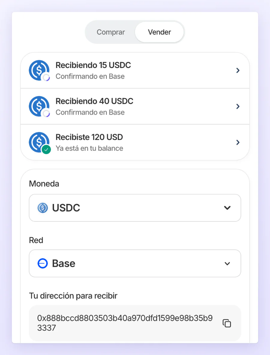 Vender con dos depósitos llegando y uno ya acreditado arriba de tu dirección para recibir USDC en Base