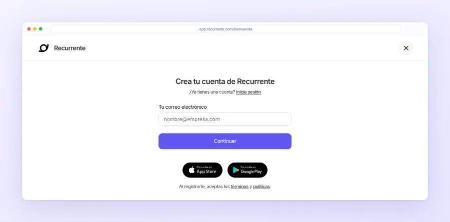 La pantalla Crea tu cuenta de Recurrente: el campo de correo y el botón Continuar, con el enlace para iniciar sesión si ya tienes cuenta