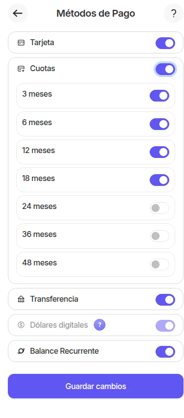 Métodos de Pago actuales: Cuotas activadas y selección de plazos de 3 a 48 meses