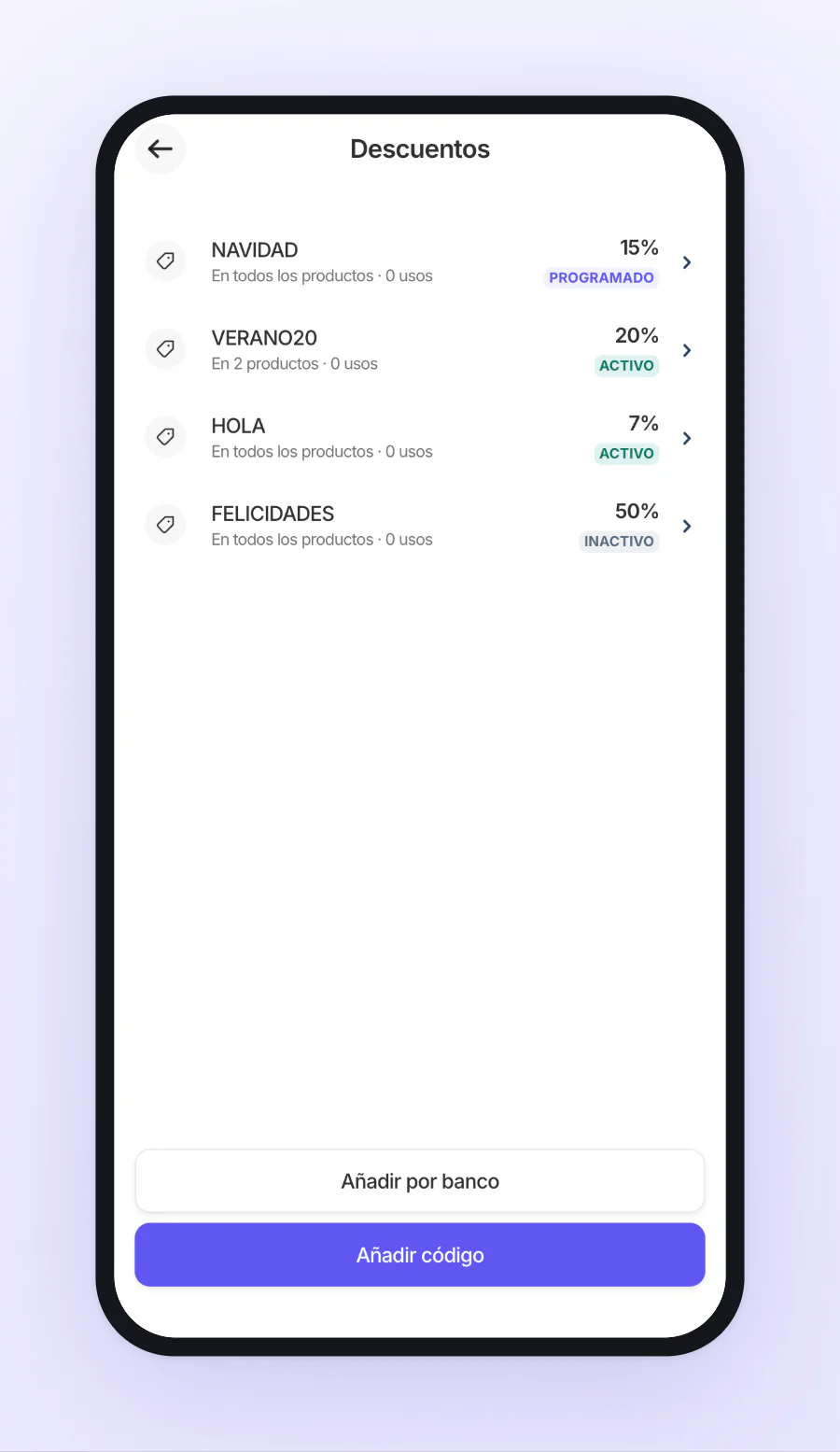 La lista de descuentos: cada código con sus productos, sus usos, su valor y si está activo o programado