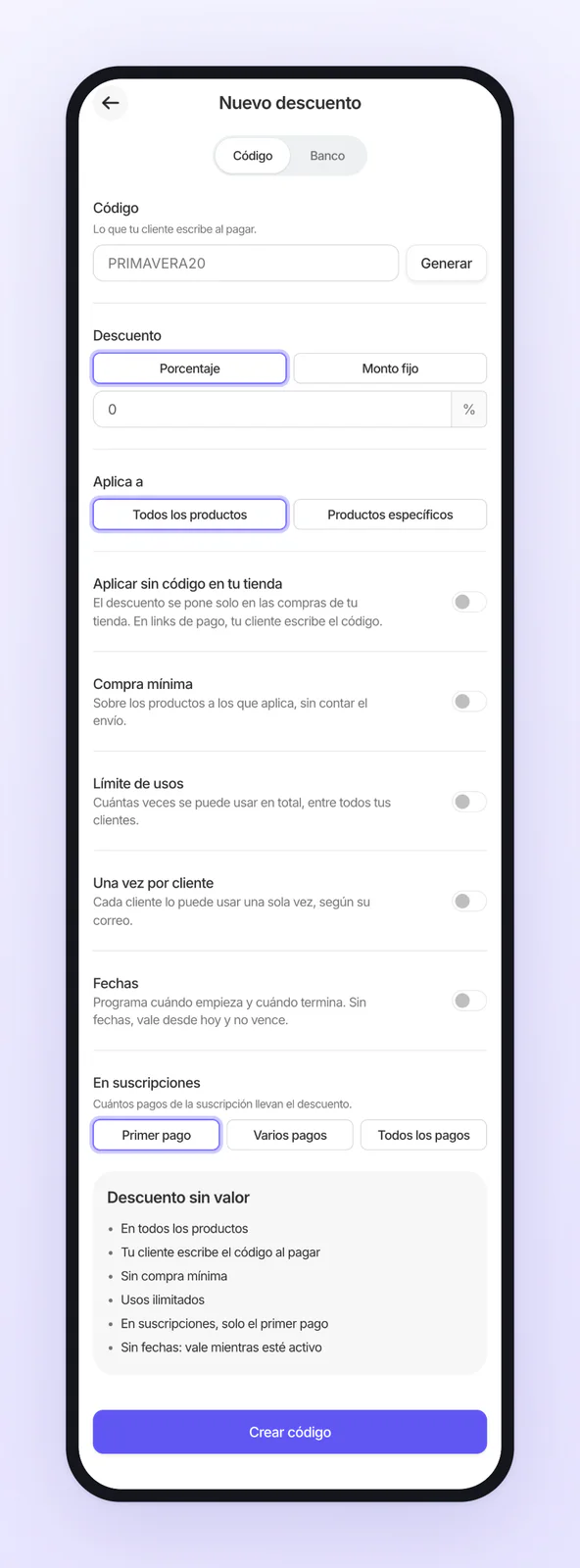 El formulario de un descuento nuevo en Código: el código, el descuento, a qué productos aplica, las condiciones y el resumen