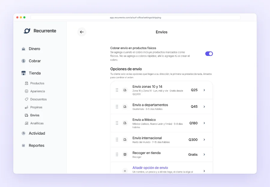 Configuración de Envíos: el interruptor «Cobrar envío en productos físicos» y la lista de opciones, cada una con a dónde llega, su tiempo y su precio