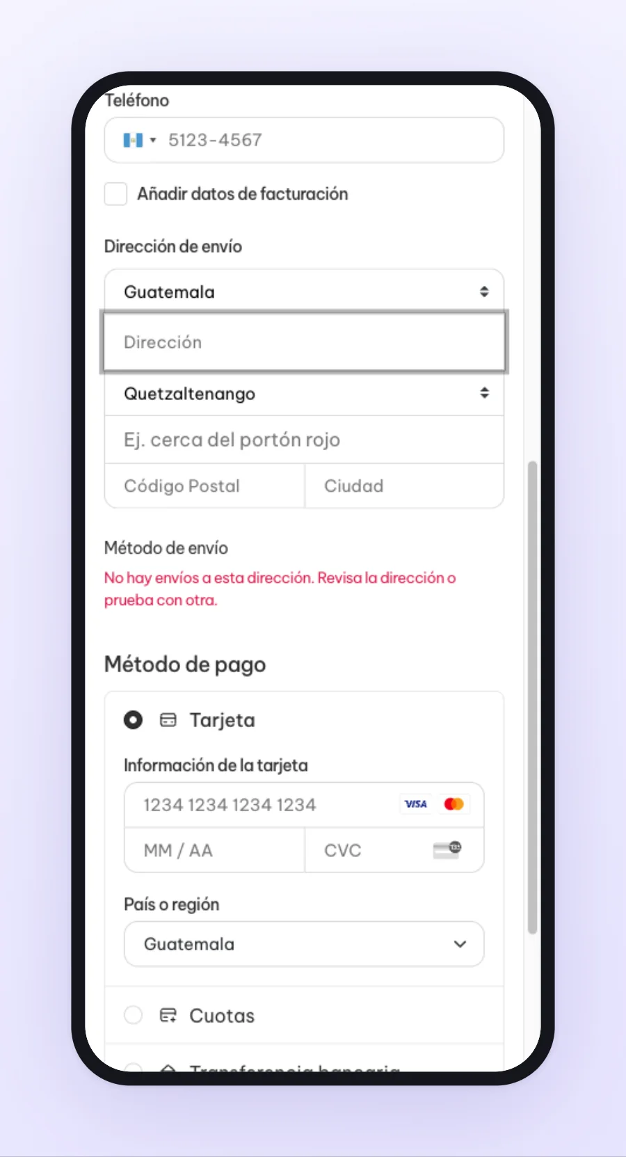 Checkout en el teléfono con una dirección en Quetzaltenango a la que ninguna opción llega: el bloque dice «No hay envíos a esta dirección. Revisa la dirección o prueba con otra»