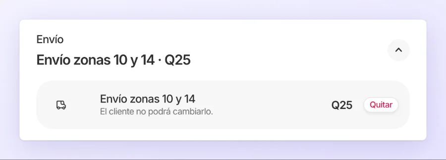 La fila Envío de un cobro en Cobrar con la opción «Envío zonas 10 y 14 · Q25» fijada, el aviso «El cliente no podrá cambiarlo» y el botón Quitar